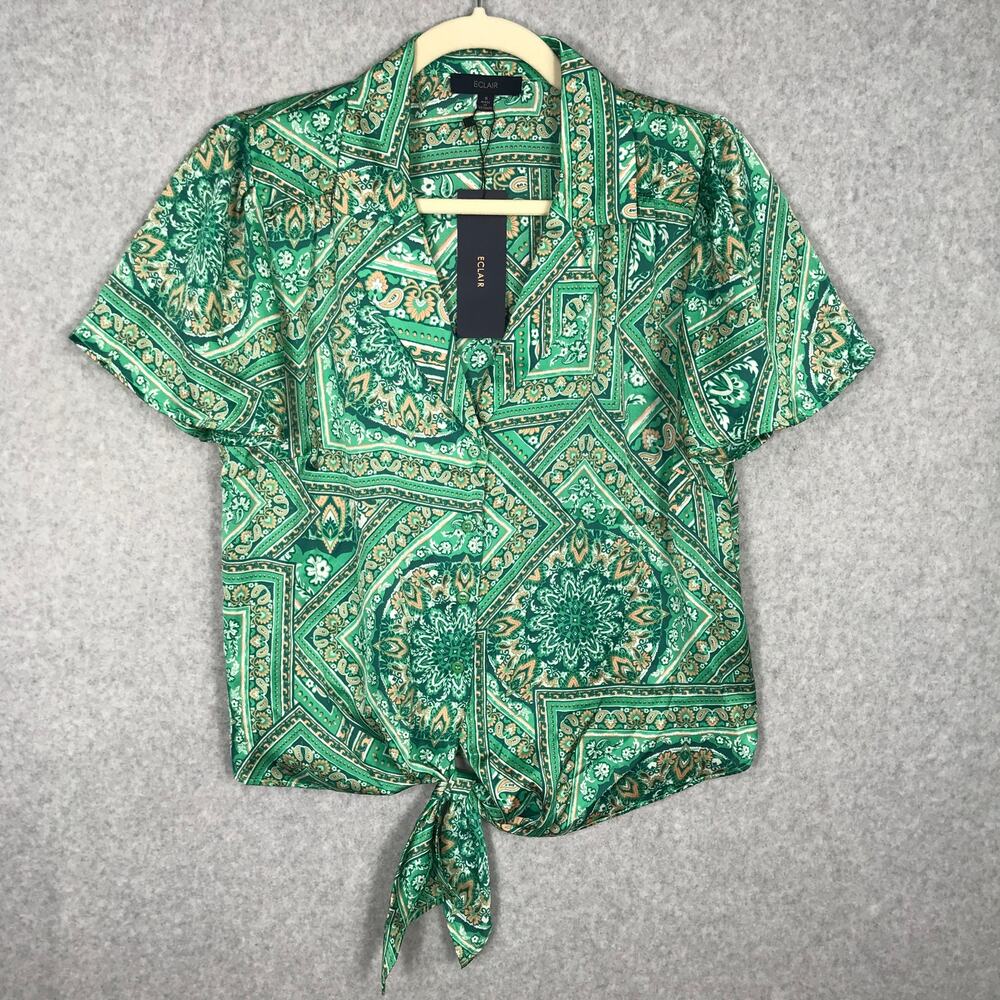 Satin Button Up Shirt Blouse Small Paisley Scarf Print Tie Front Vacation Resort